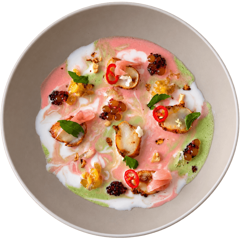 Noix de Saint-Jacques snackées, sauces rose et verte, perles noires