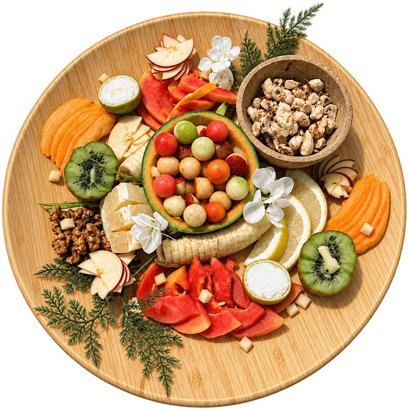 Plateau de fruits frais, kiwis et bol de graines, vu du dessus